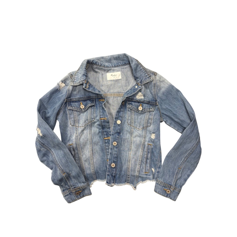 KanCan Denim Jacket XS KC7293M Light Wash Distressed Raw Hem Cotton